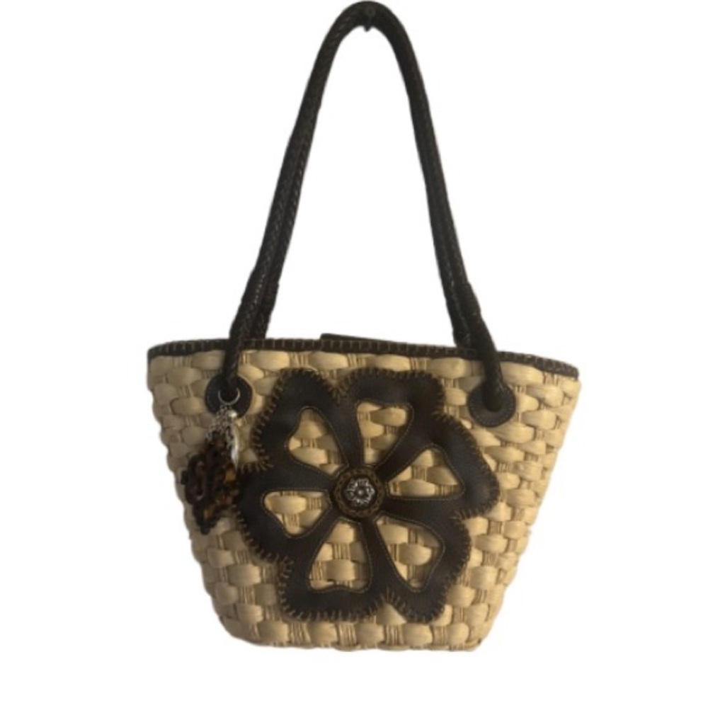 Brighton siloh  Straw Tote with Brown hibiscus Flower Accent
